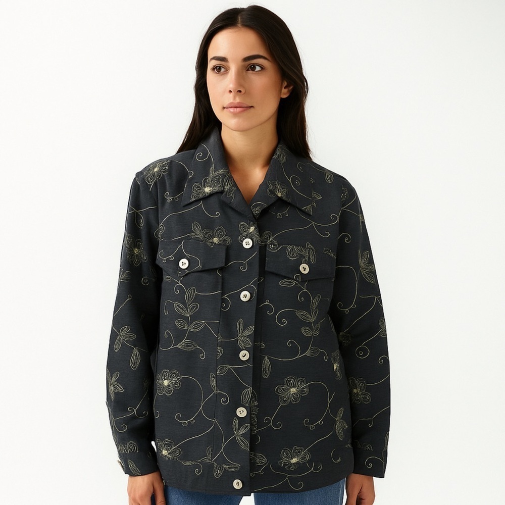 Carole Little Women’s 1X Black Floral Embroidered 100% Silk Jacket Button Front